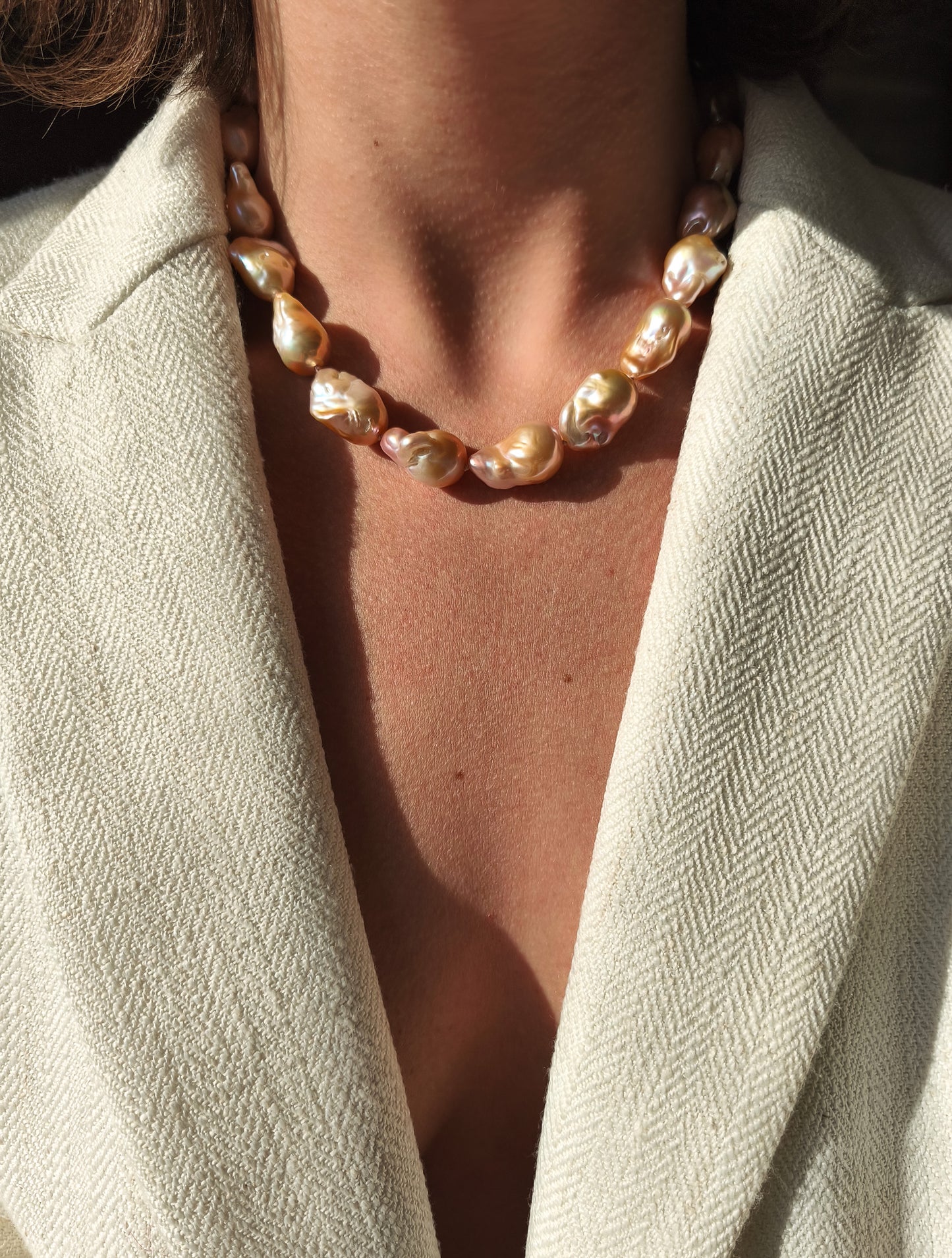 Peach pink flameball pearl necklace