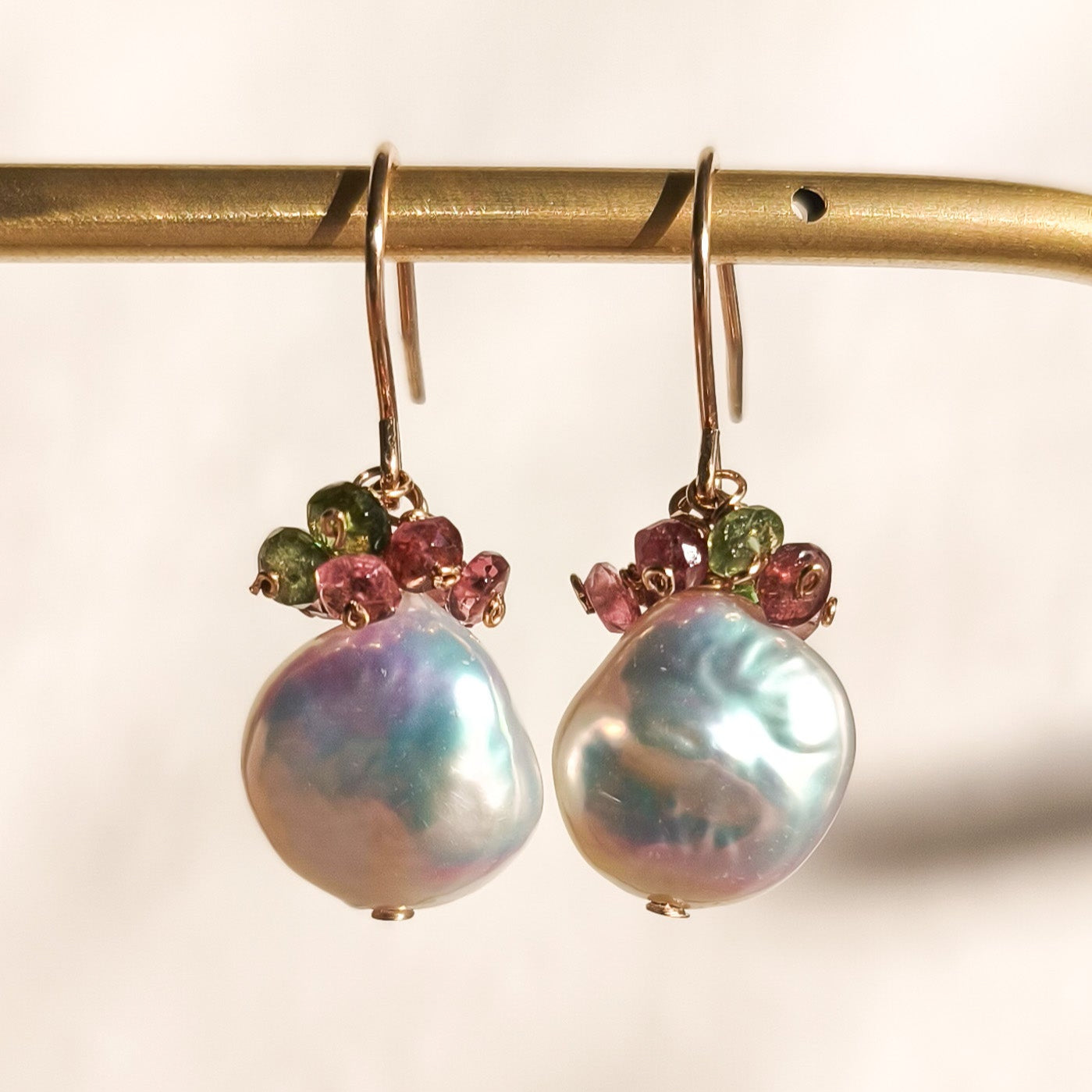 Pearl and tourmaline earrings - 14k gold filled