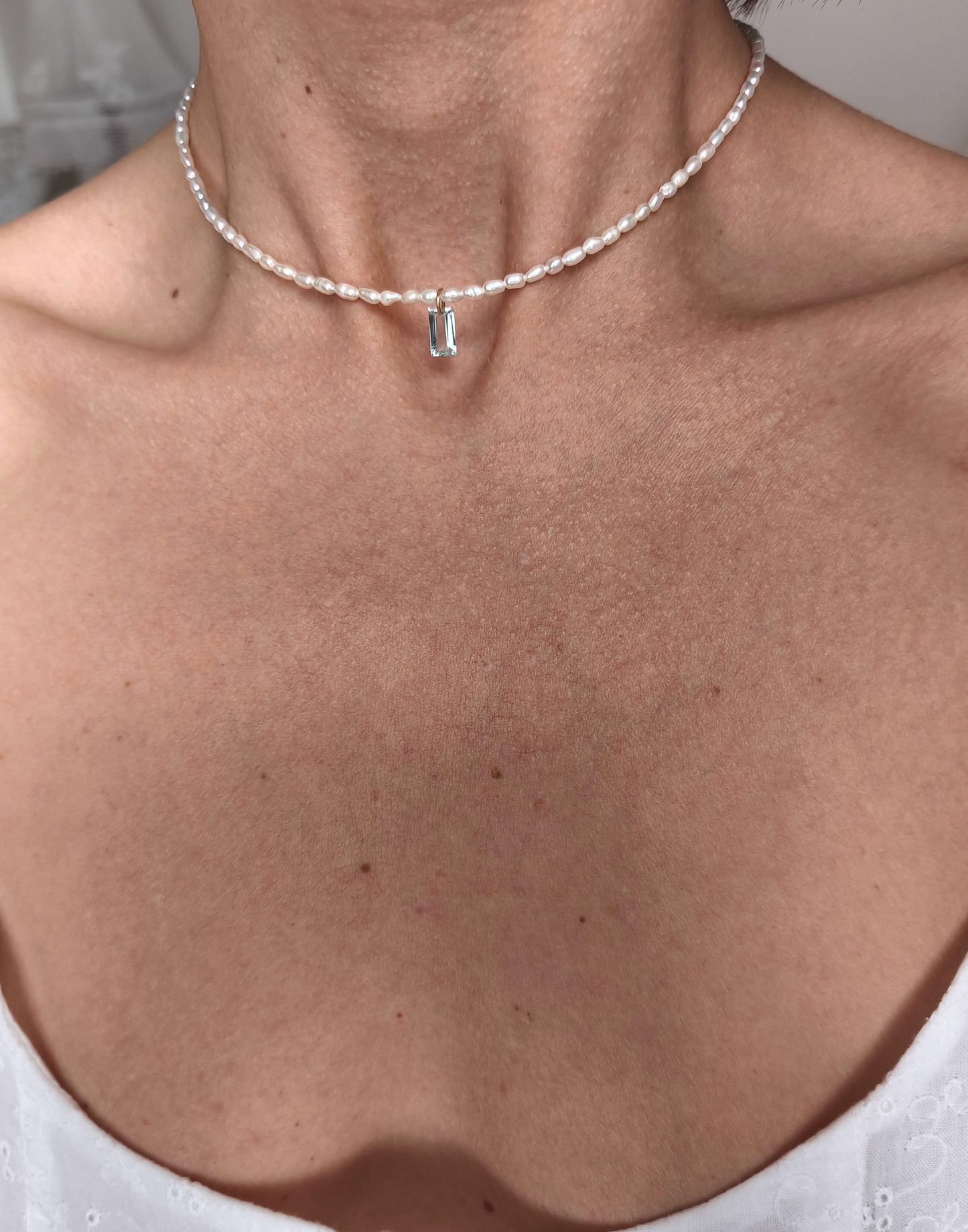 Aquamarine baguette pearl necklace