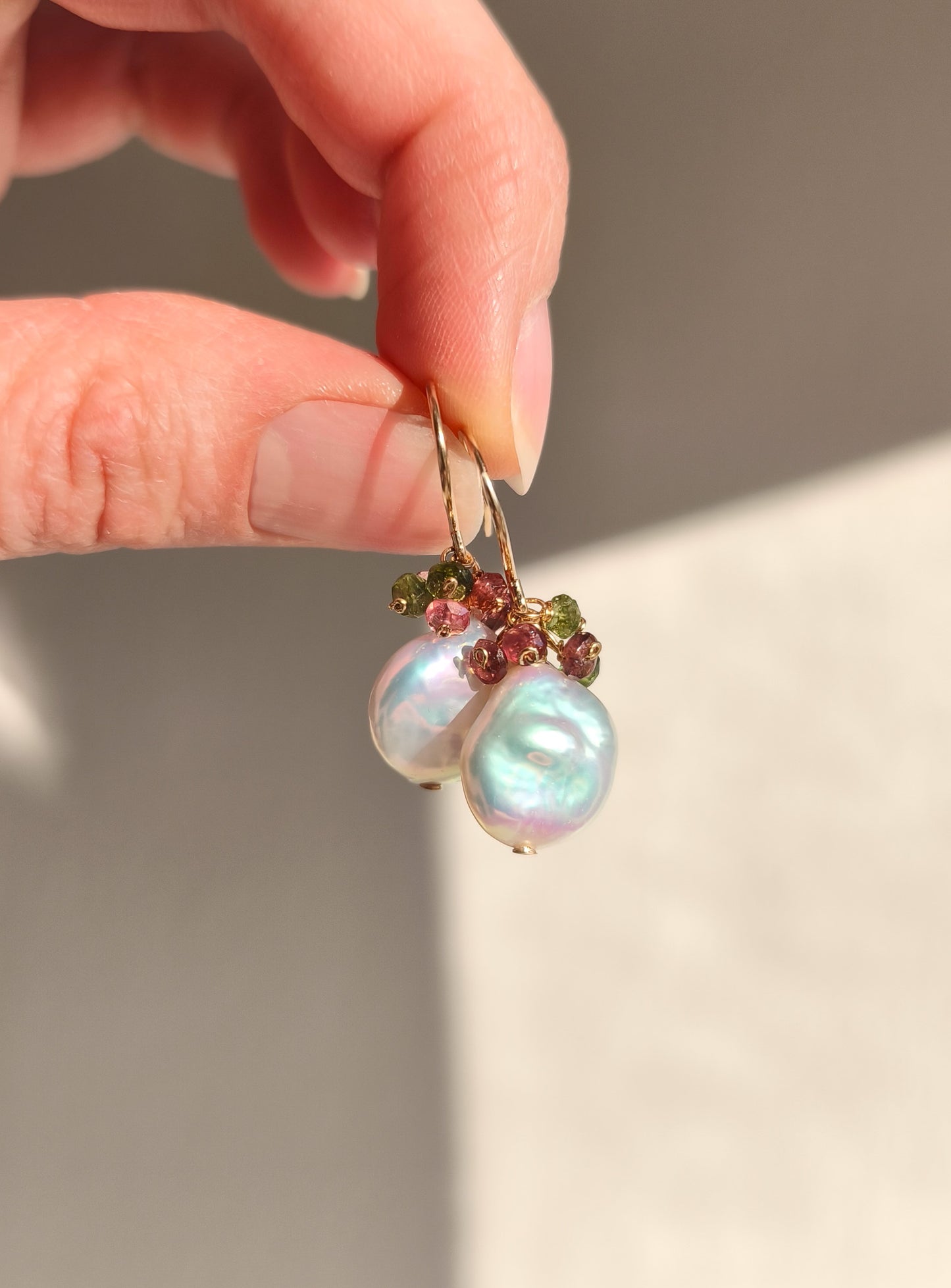 Pearl and tourmaline earrings - 14k gold filled
