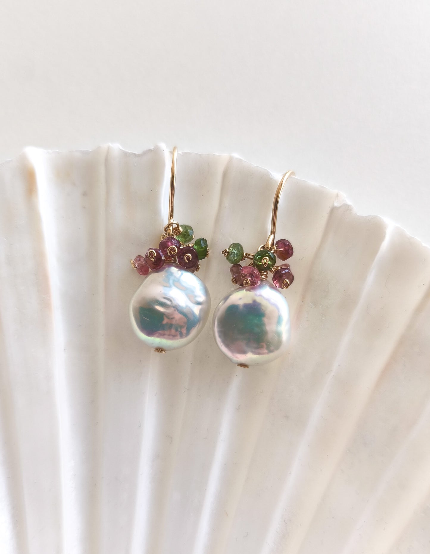 Pearl and tourmaline earrings - 14k gold filled