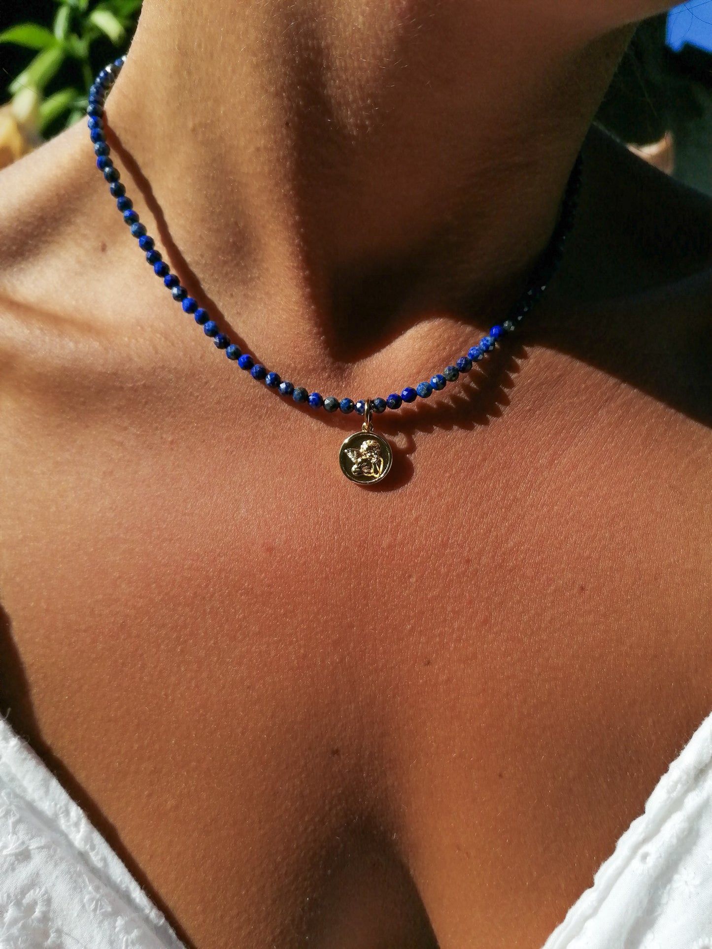 Lapis lazuli angel coin necklace