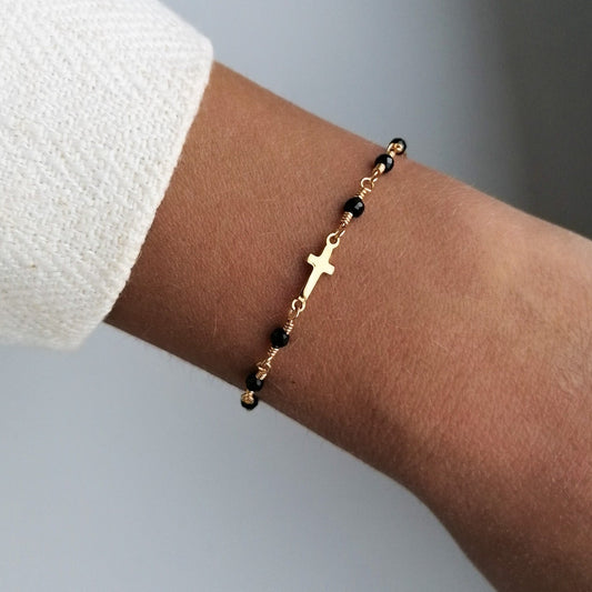 Black spinel bracelet with cross