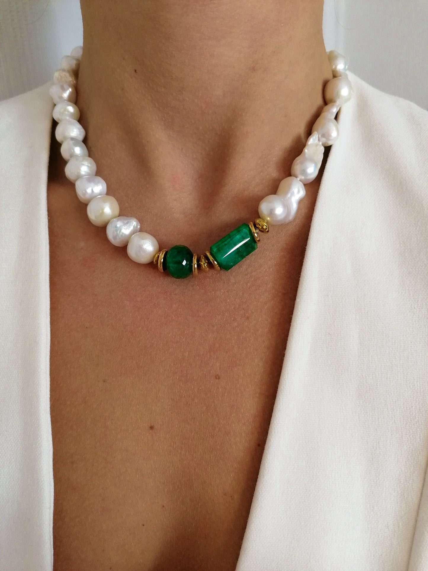 Statement pearl and emerald necklace