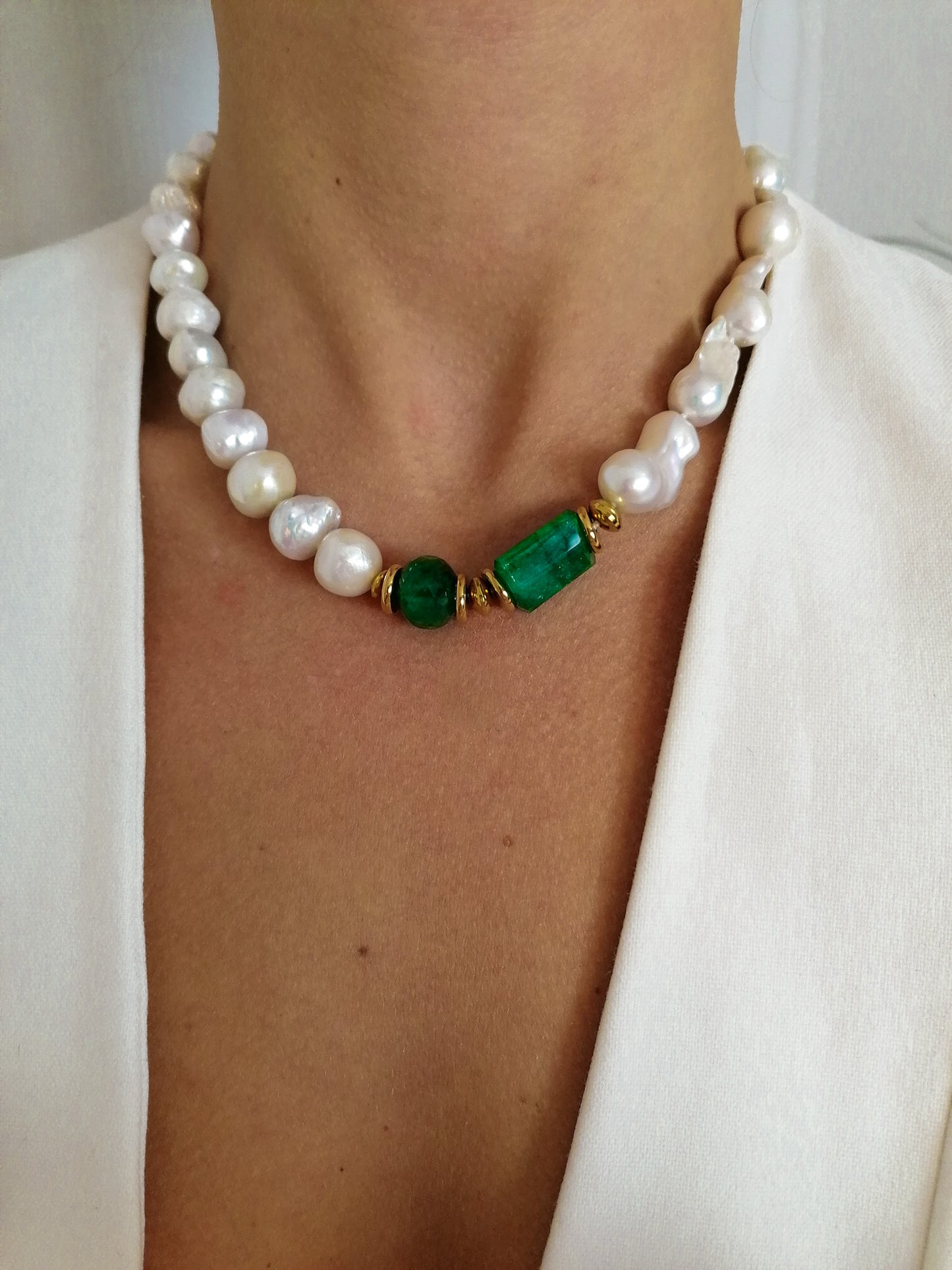 Statement pearl and emerald necklace