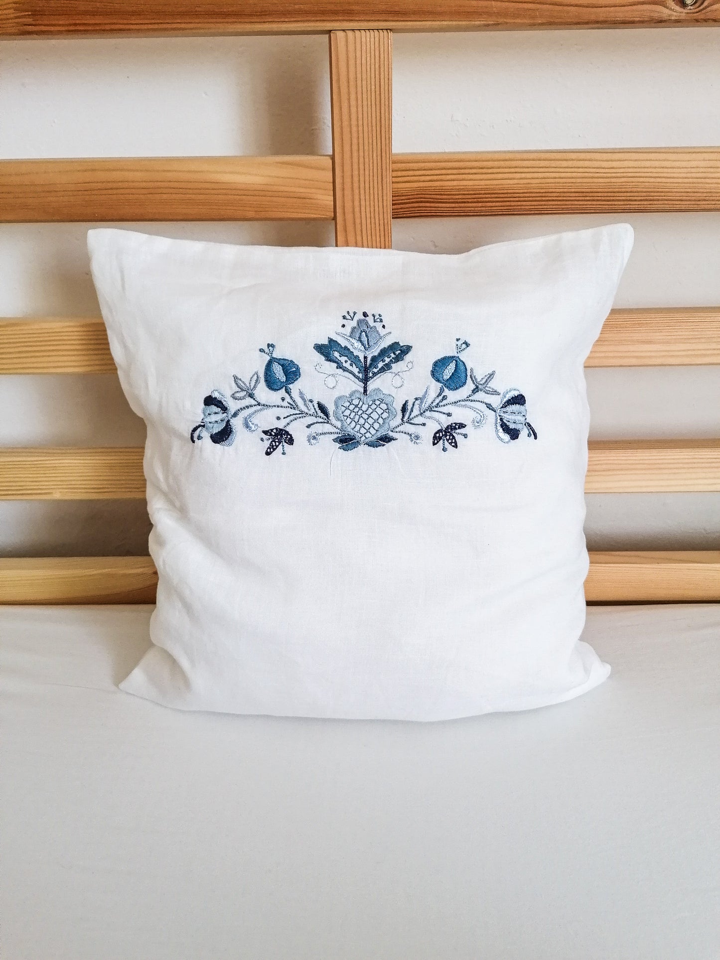 Embroidered blue folk pillowcase