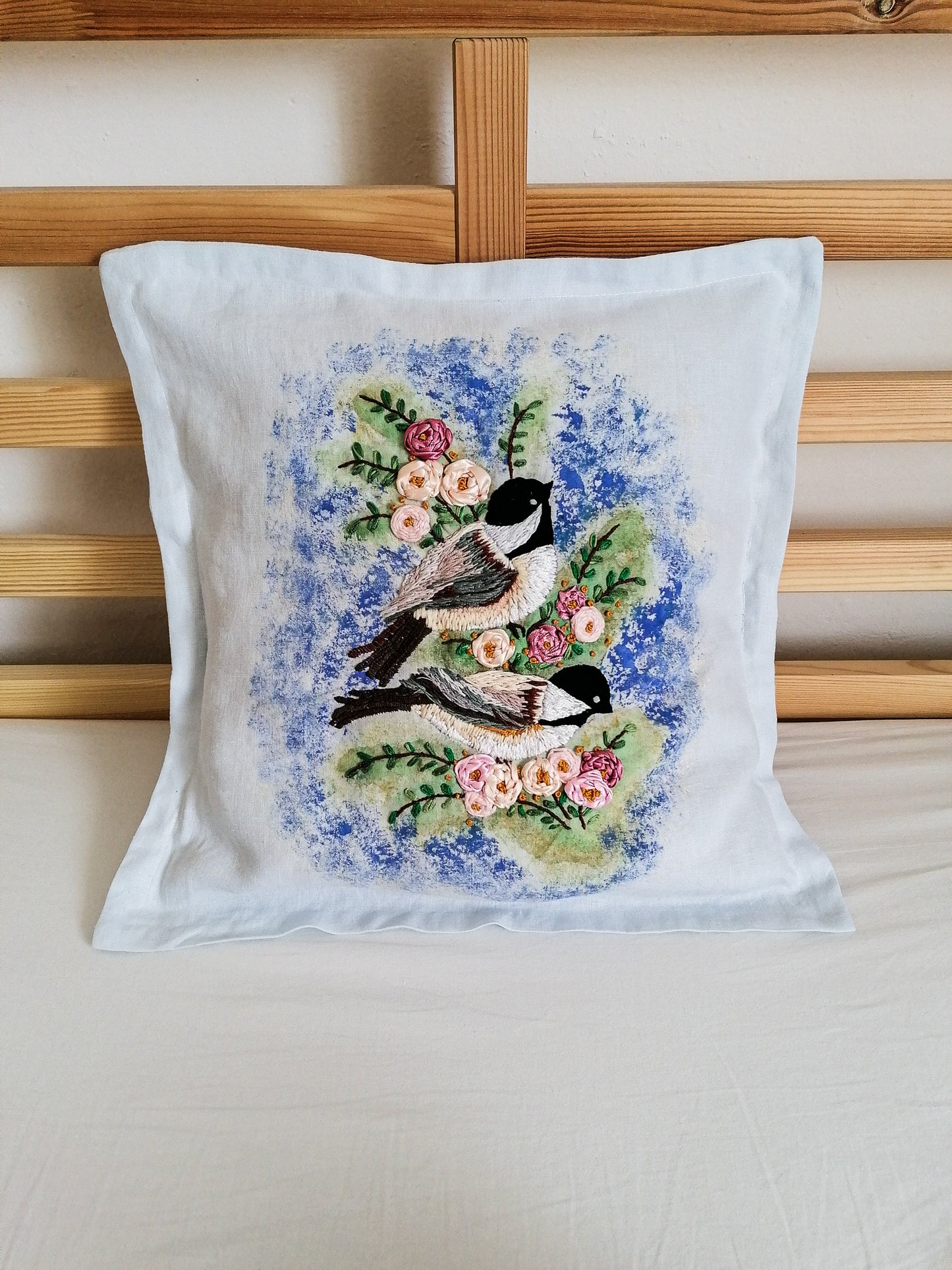 Embroidered titmice pillowcase