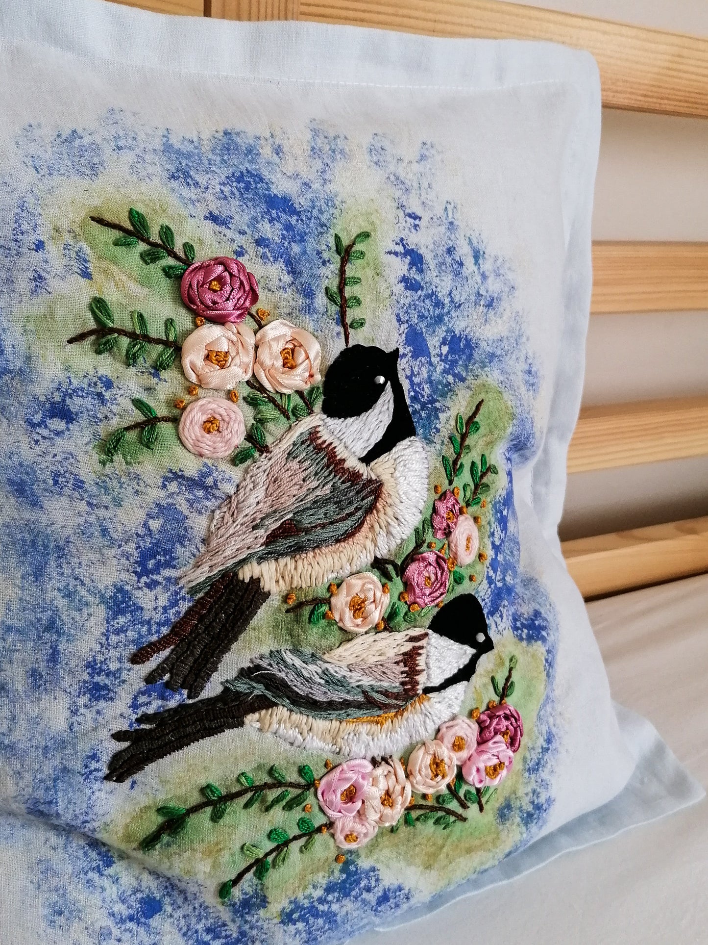 Embroidered titmice pillowcase