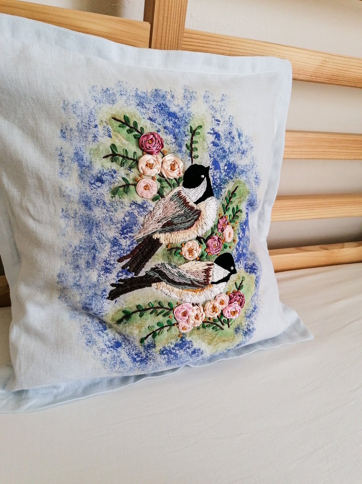 Embroidered titmice pillowcase