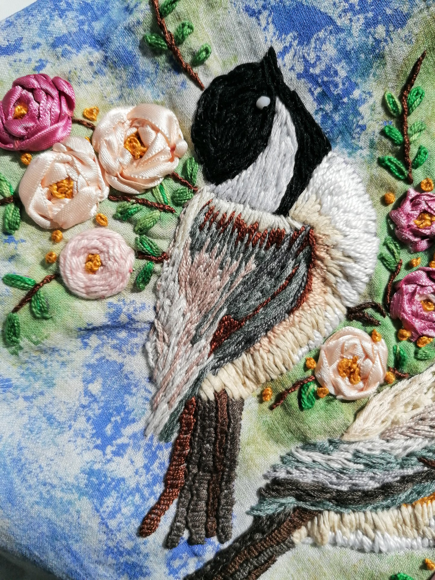 Embroidered titmice pillowcase