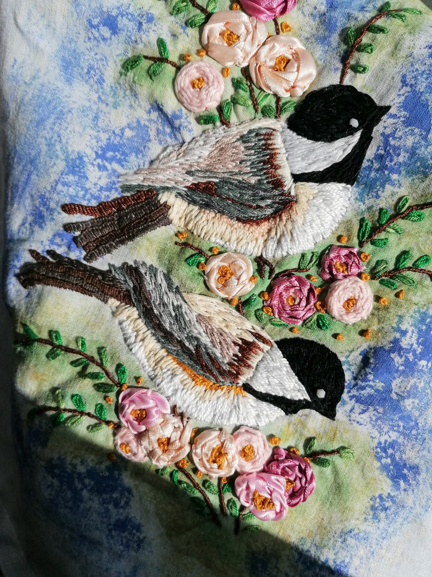 Embroidered titmice pillowcase