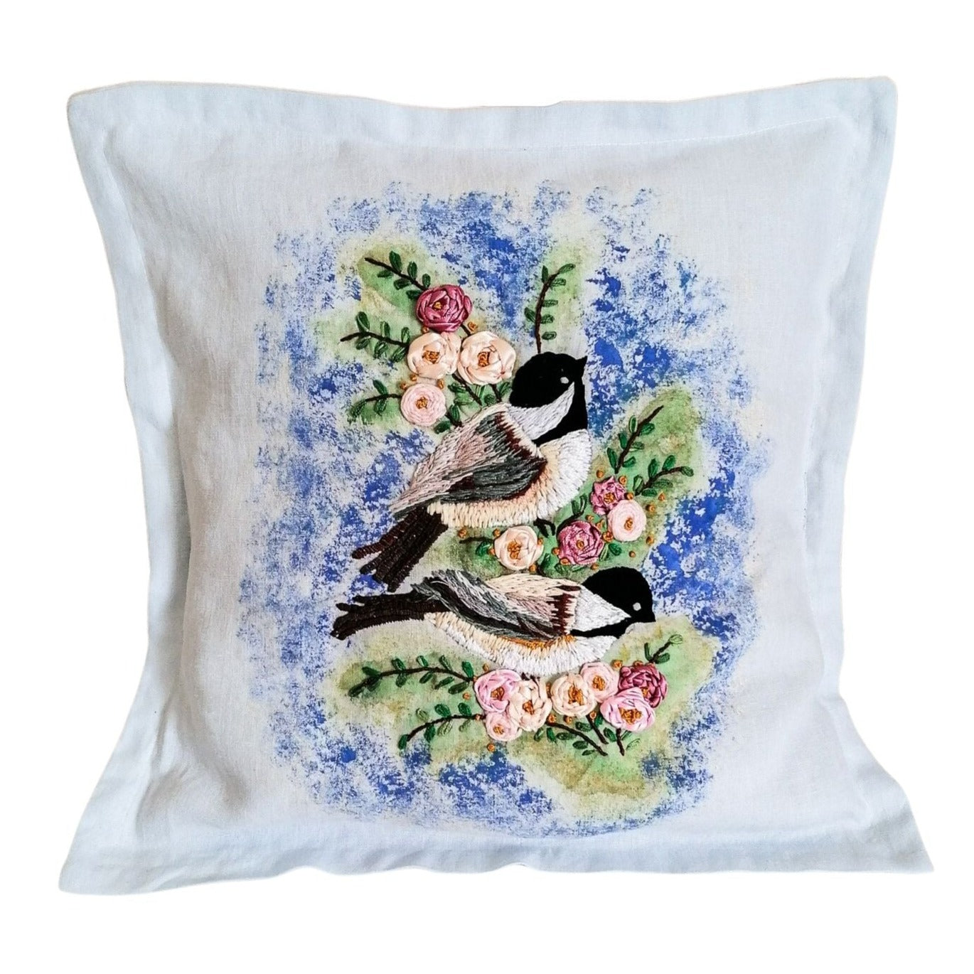 Embroidered titmice pillowcase