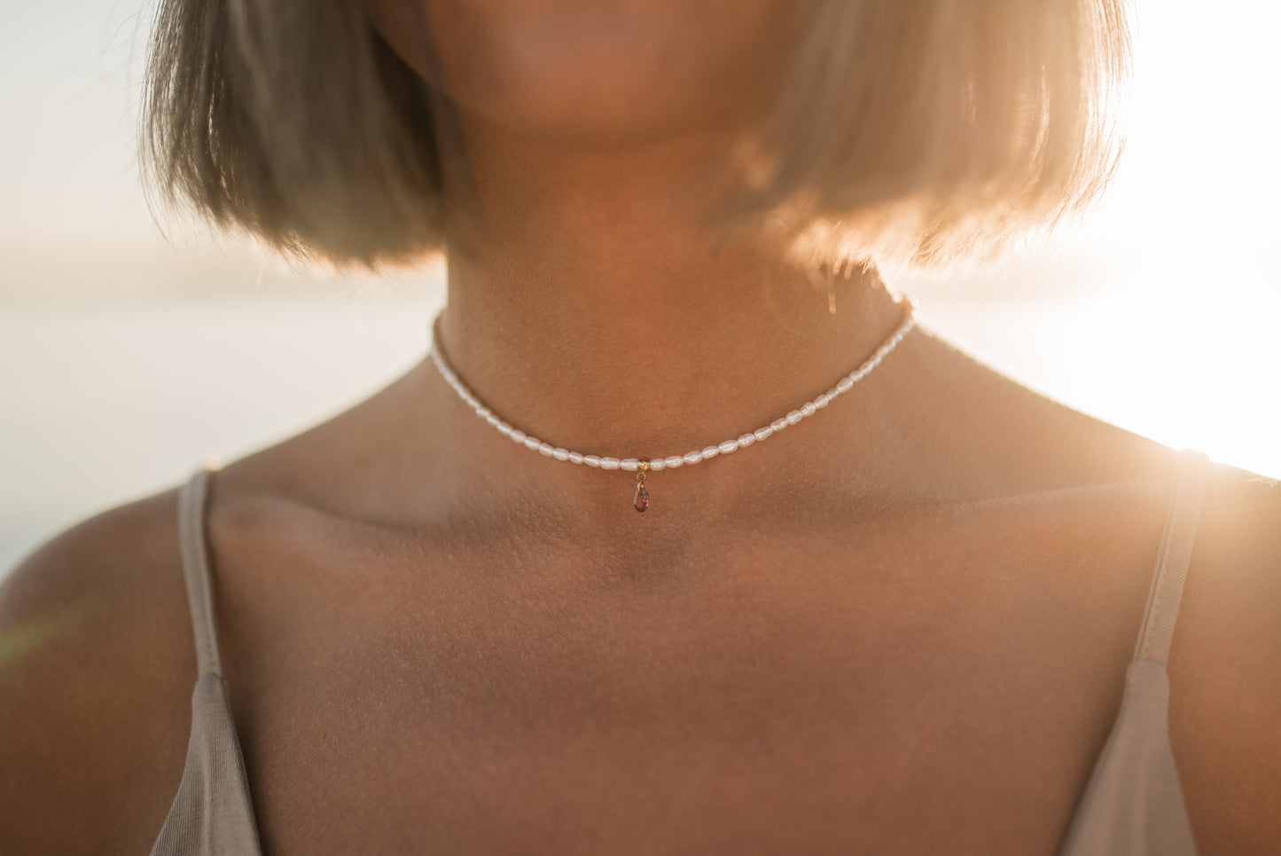 Pearl and rhodolite necklace