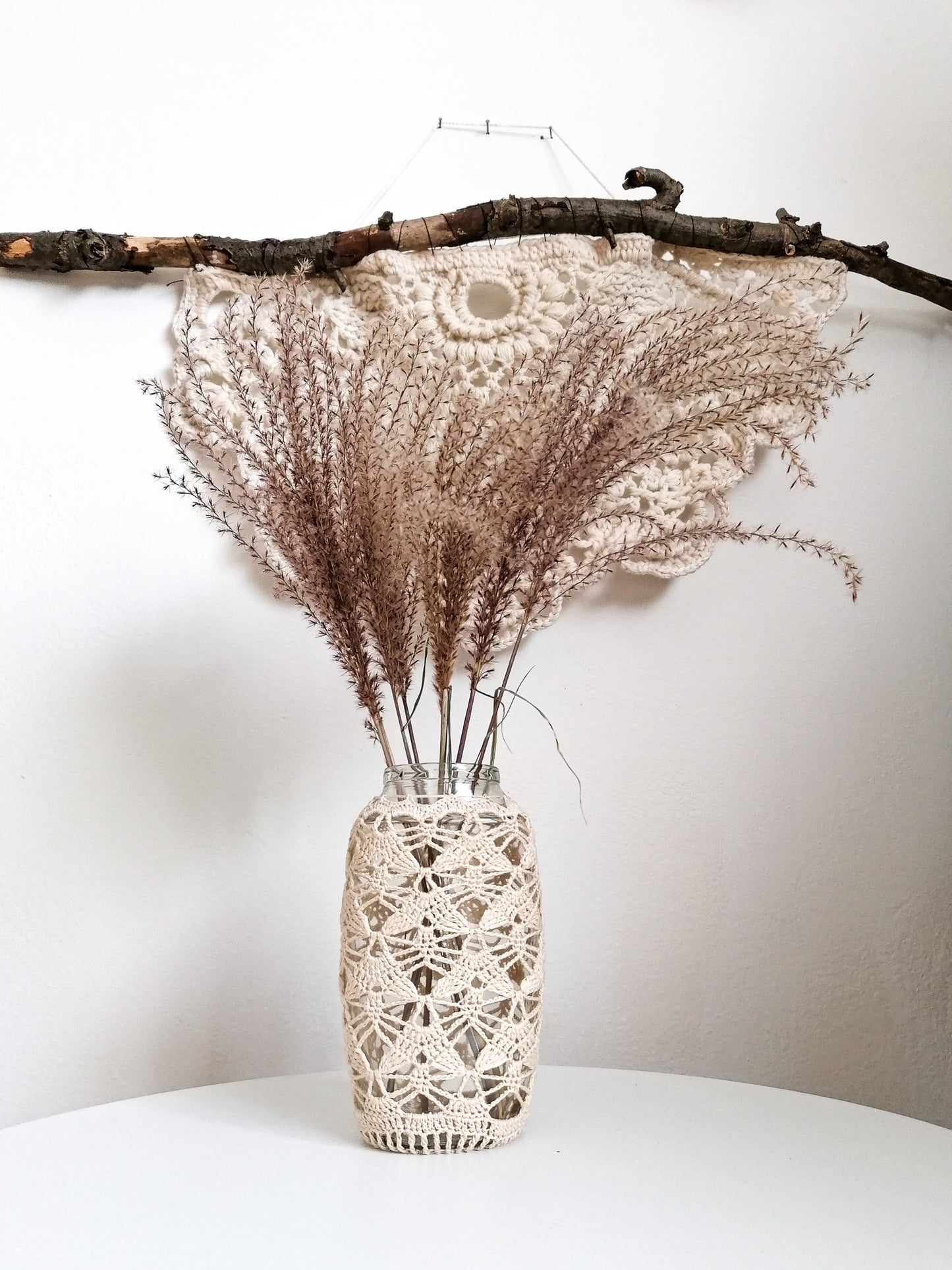 Beige lace upcycled vase