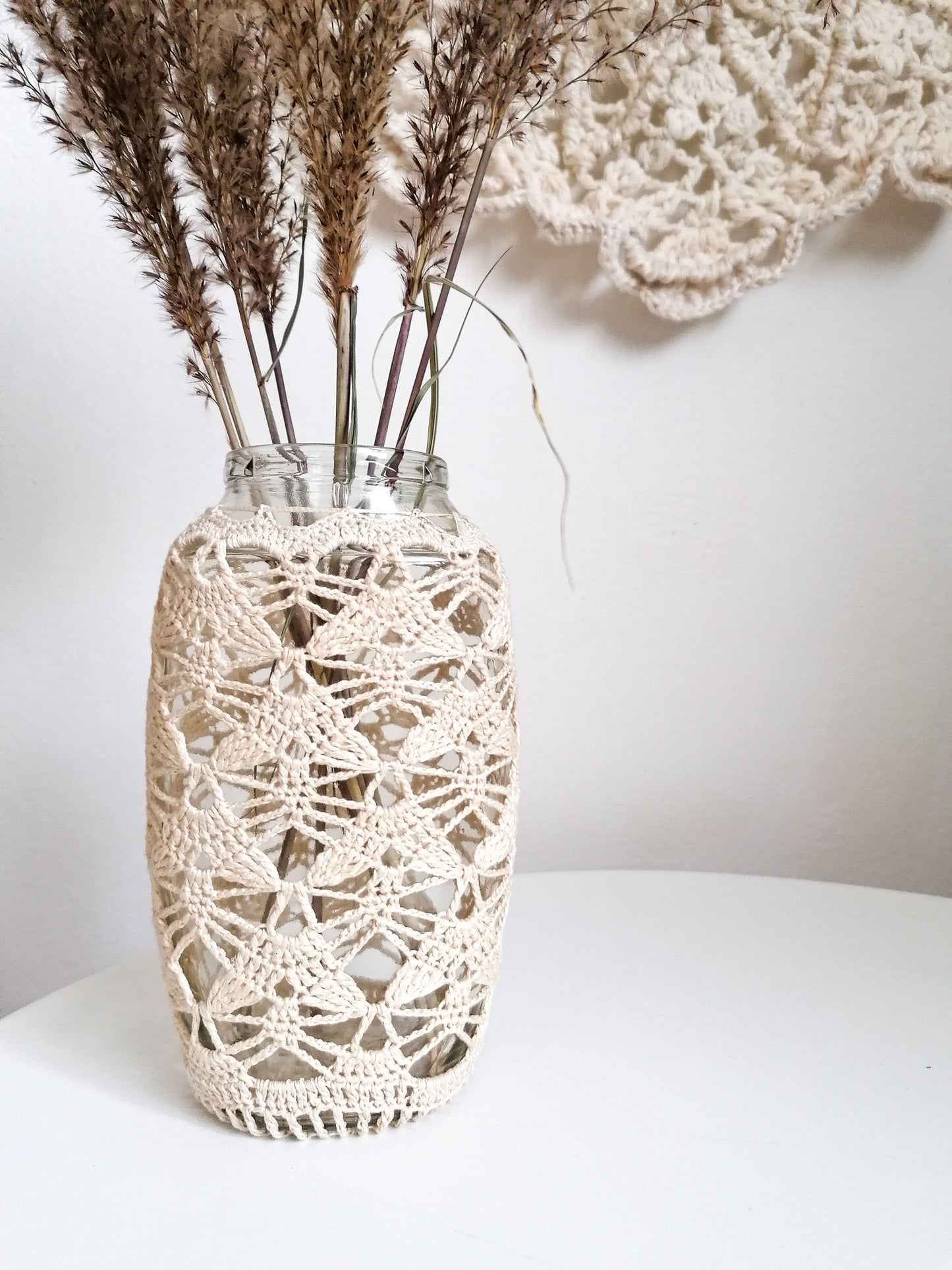 Beige lace upcycled vase