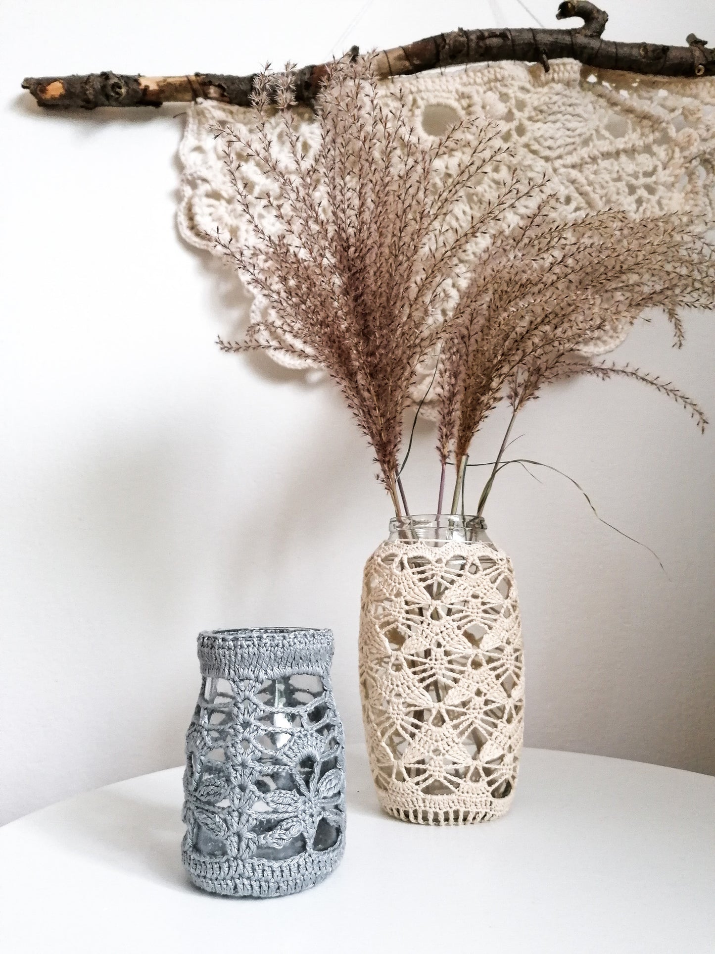 Beige lace upcycled vase