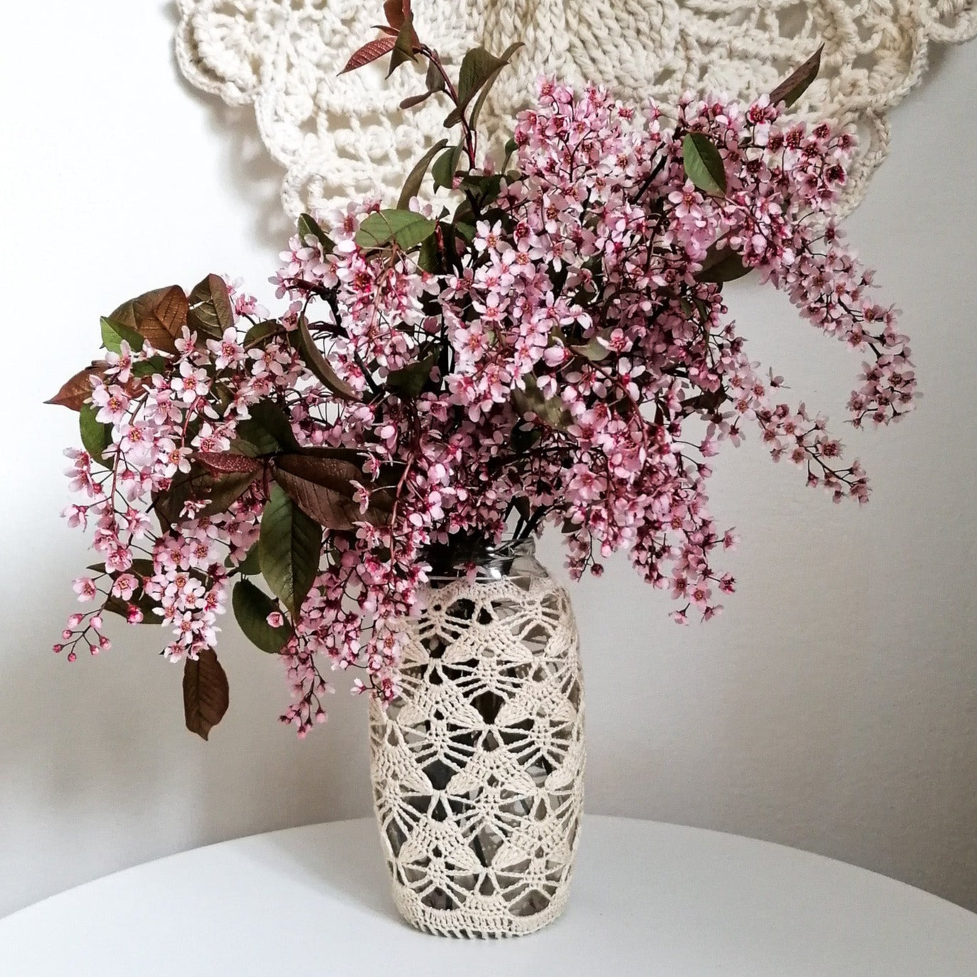 Beige lace upcycled vase