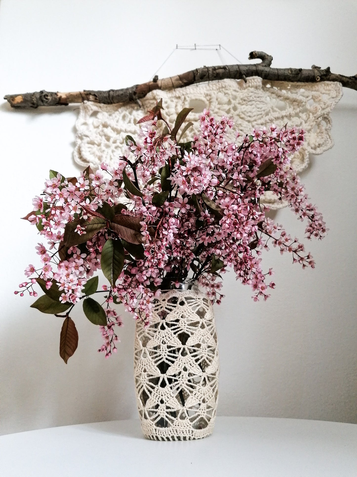 Beige lace upcycled vase