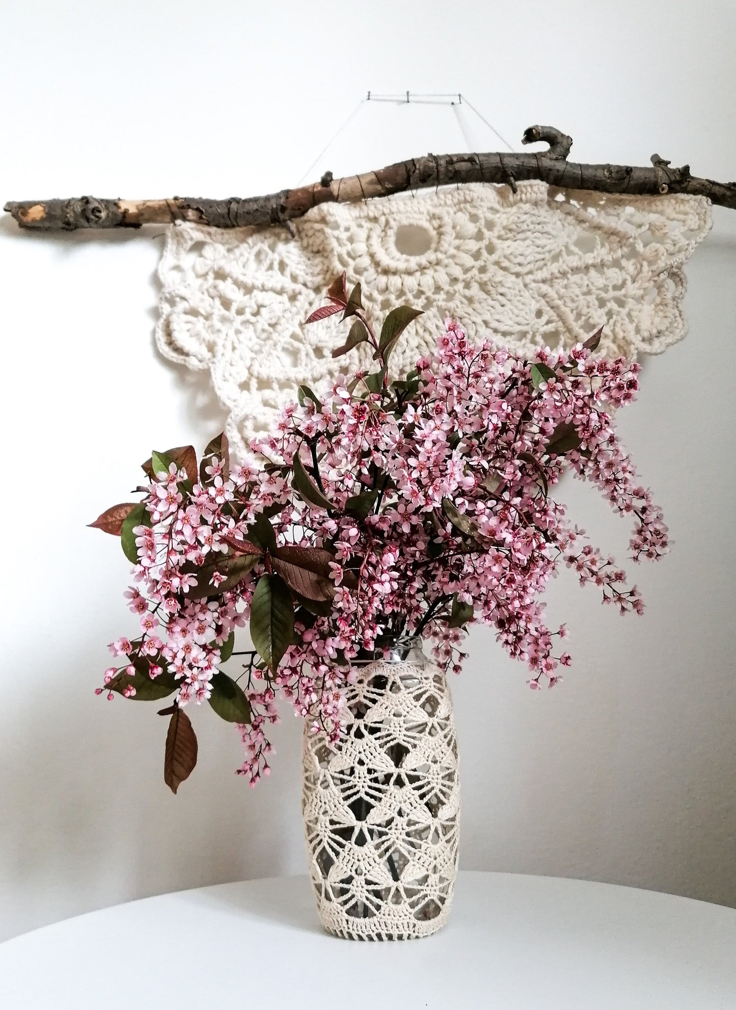 Beige lace upcycled vase