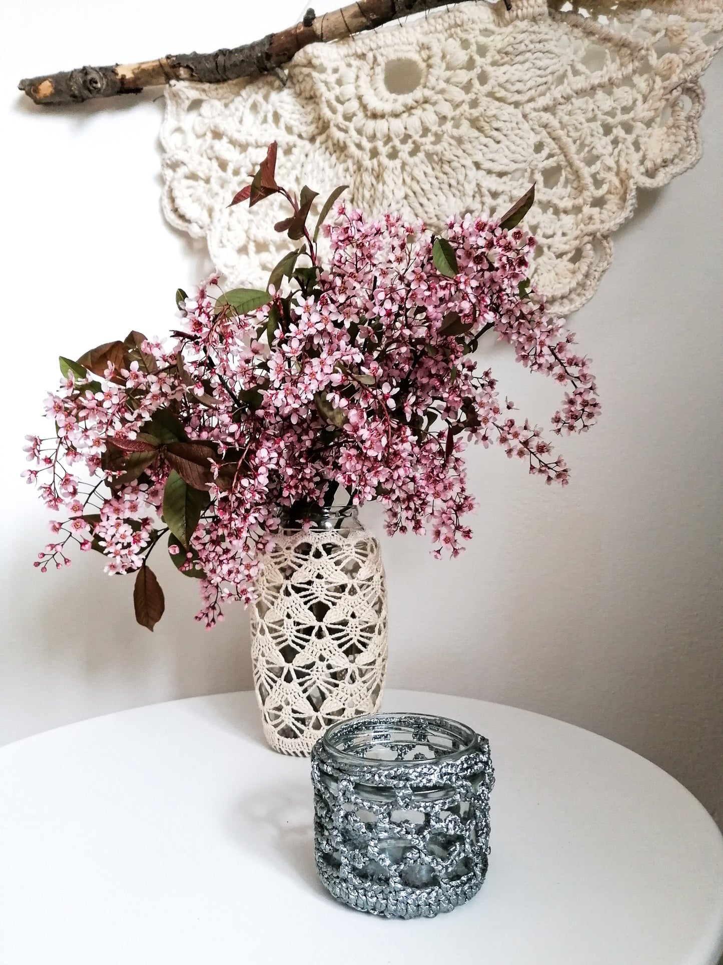 Beige lace upcycled vase