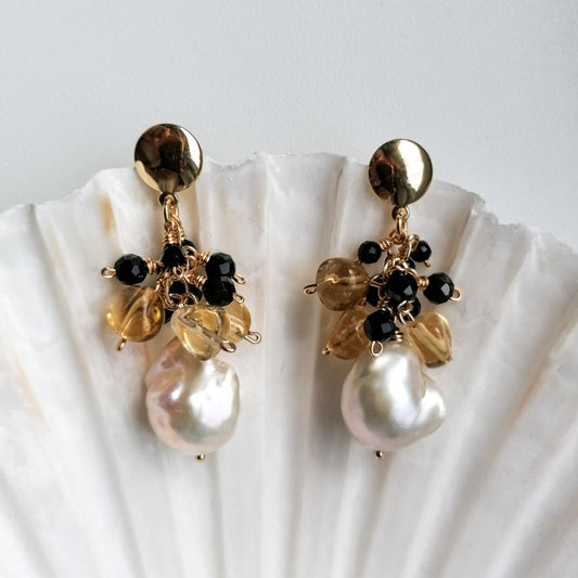 Jeweled flameball pearl earrings