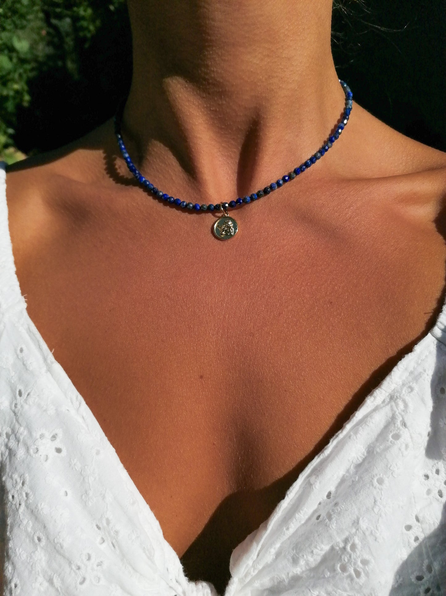 Lapis lazuli angel coin necklace