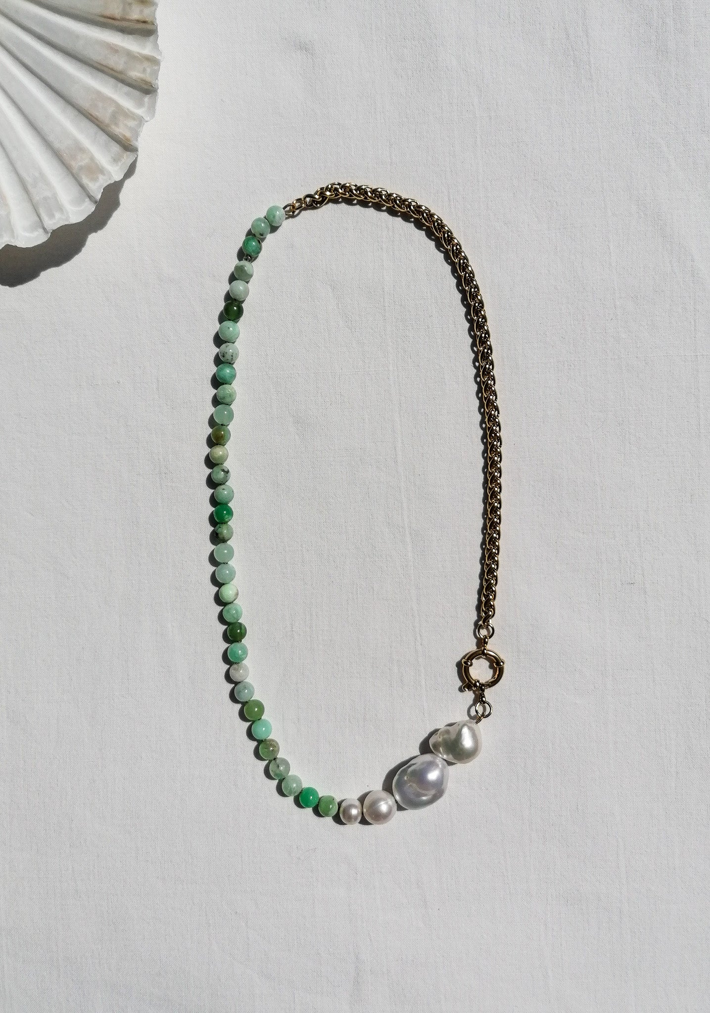 Asymmetric chrysoprase & pearl necklace