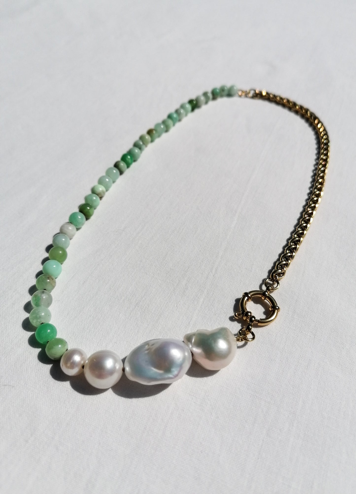 Asymmetric chrysoprase & pearl necklace