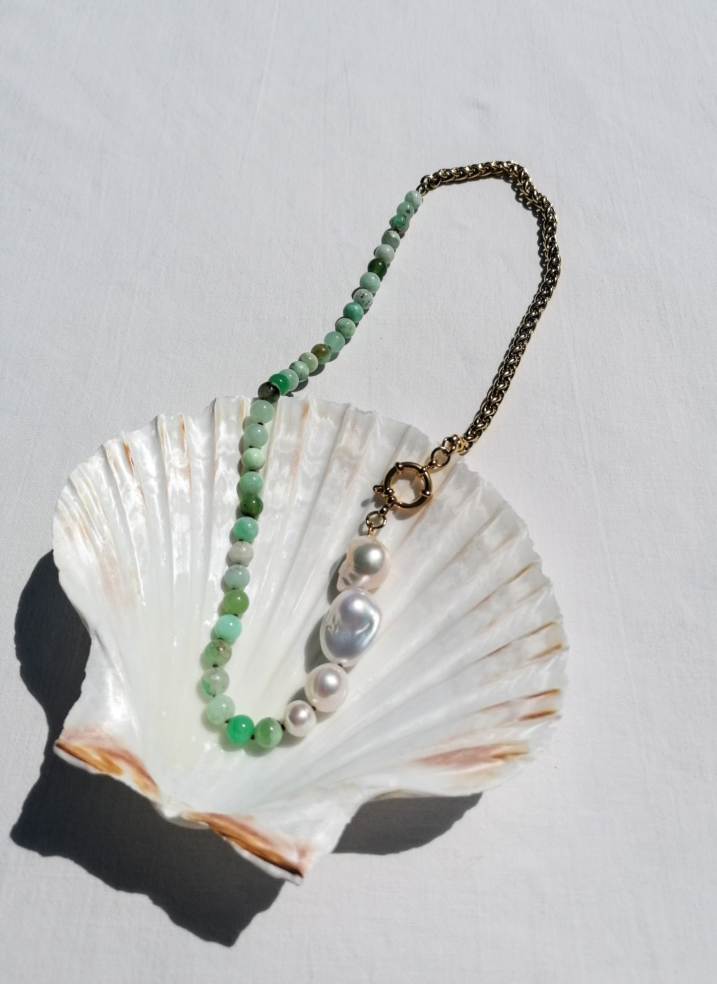 Asymmetric chrysoprase & pearl necklace