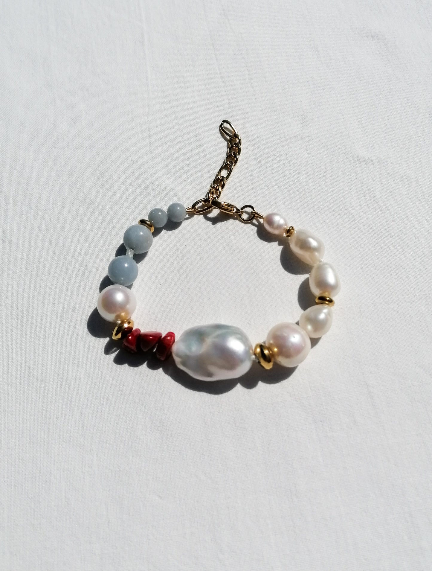 Angelite & pearl & coral bracelet