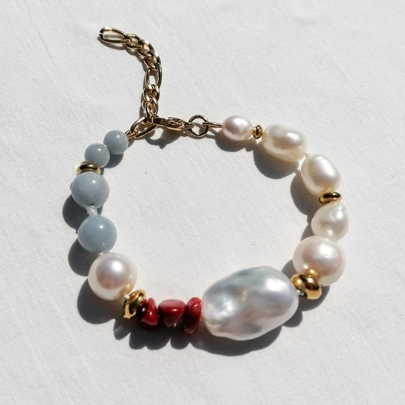 Angelite & pearl & coral bracelet