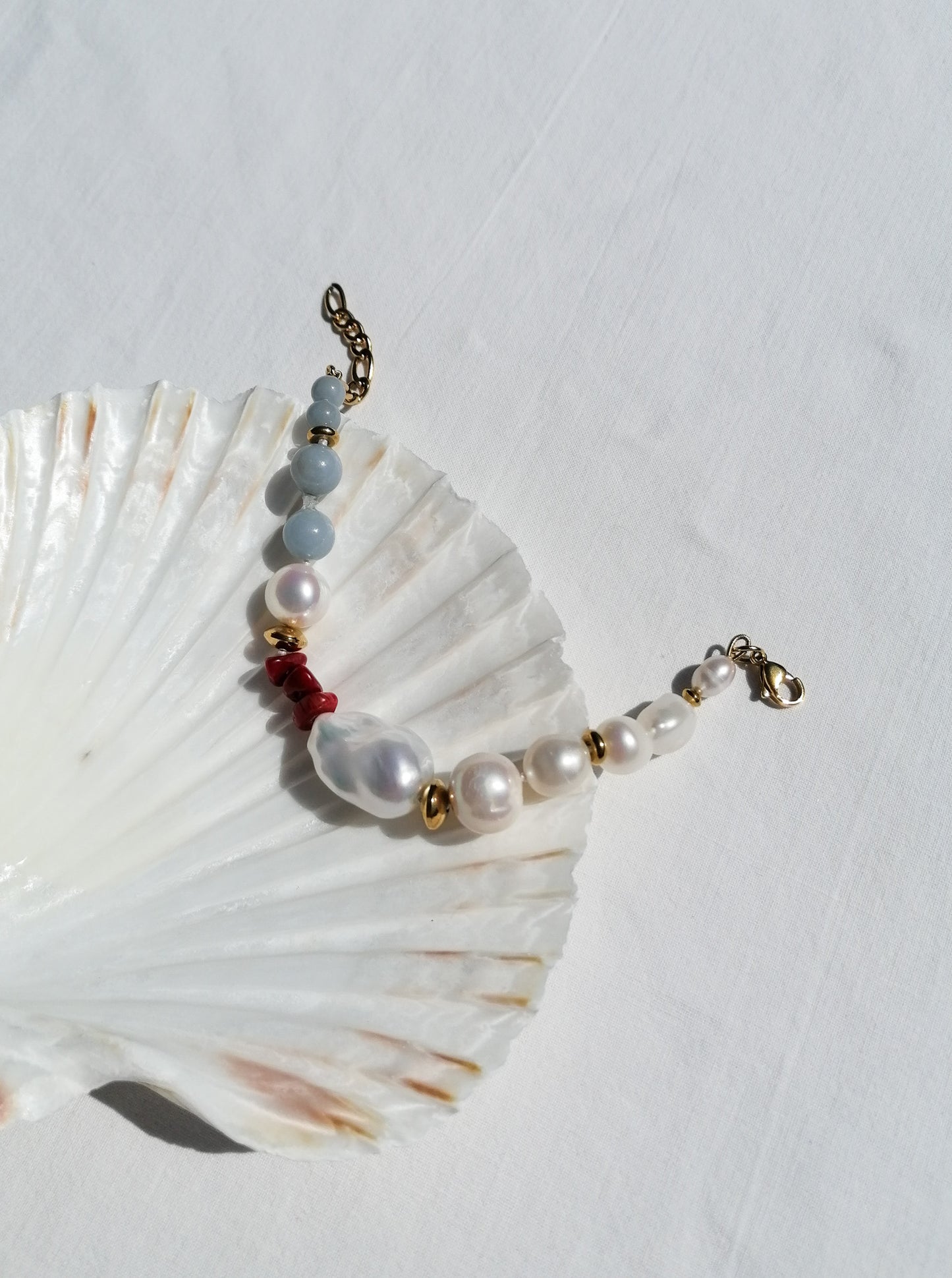 Angelite & pearl & coral bracelet