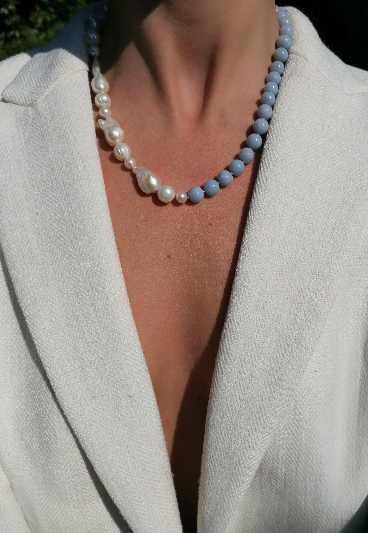 Half pearl & half angelite necklace