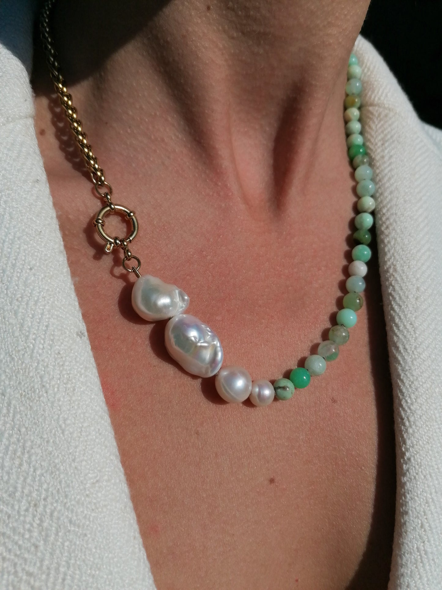 Asymmetric chrysoprase & pearl necklace