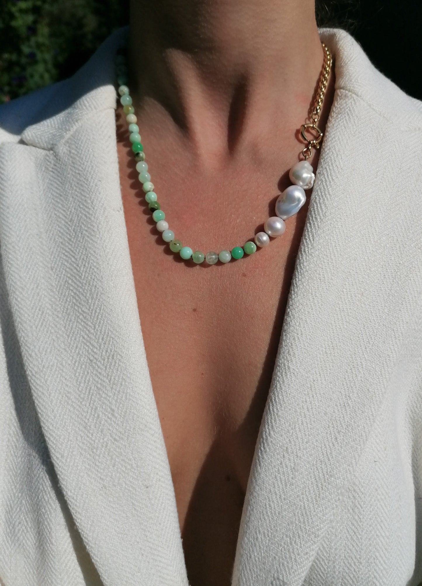 Asymmetric chrysoprase & pearl necklace