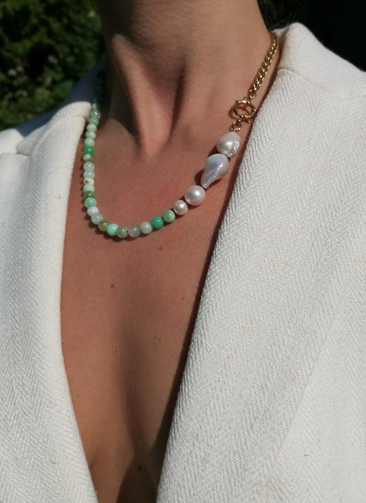 Asymmetric chrysoprase & pearl necklace