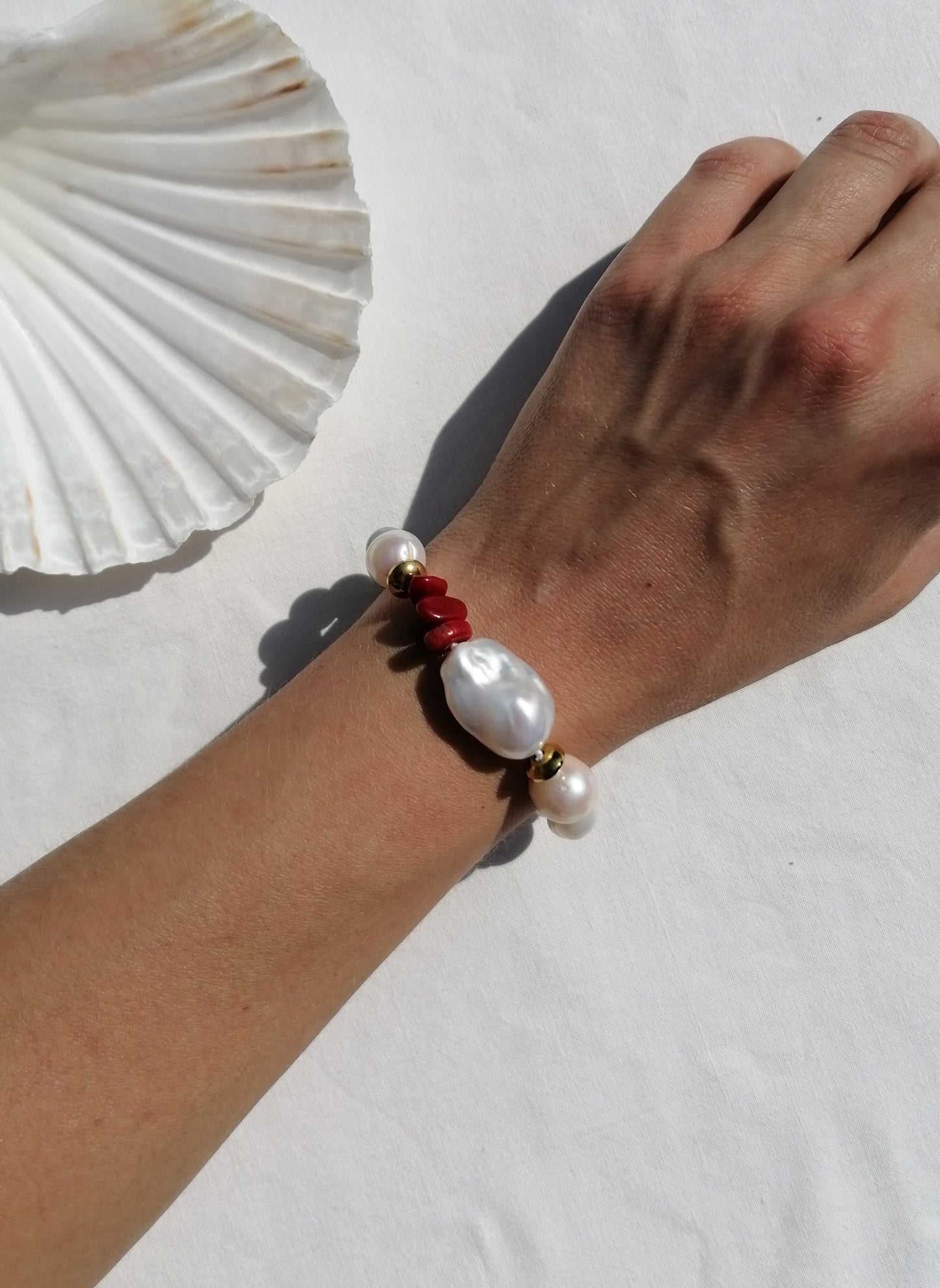 Angelite & pearl & coral bracelet