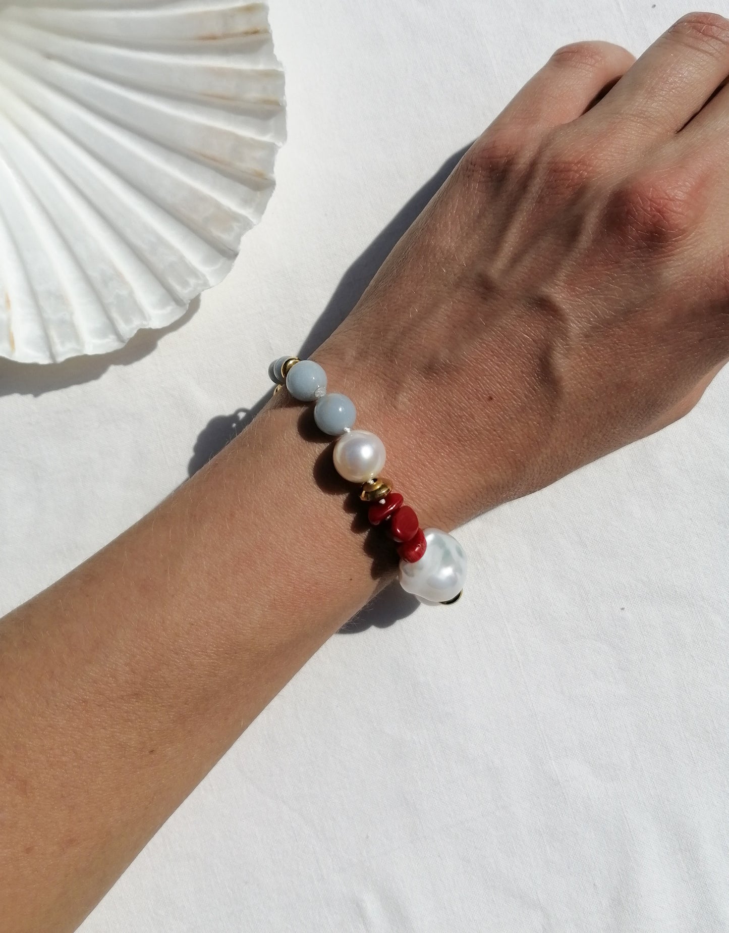 Angelite & pearl & coral bracelet