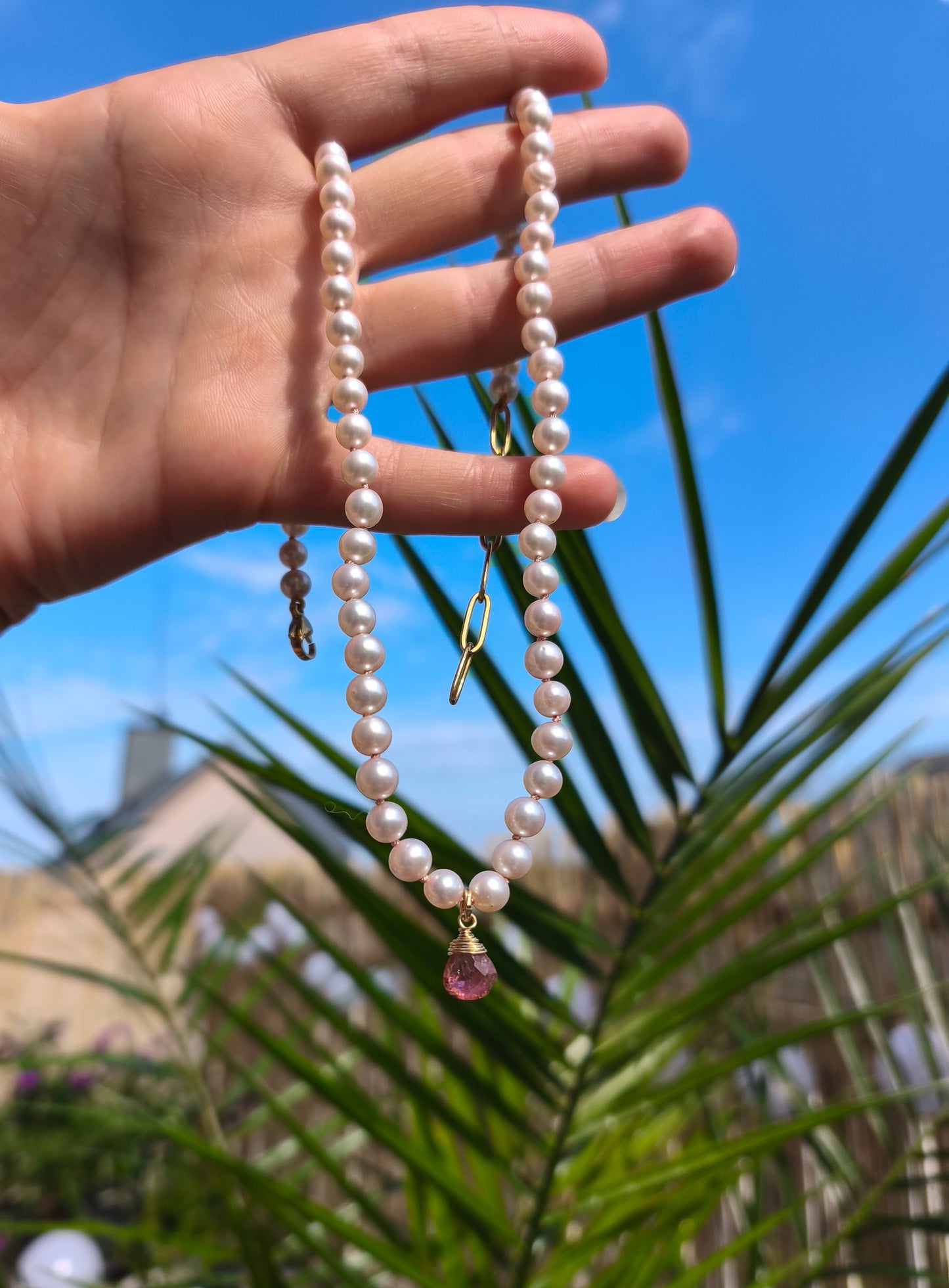 Pink tourmaline and pearl necklace