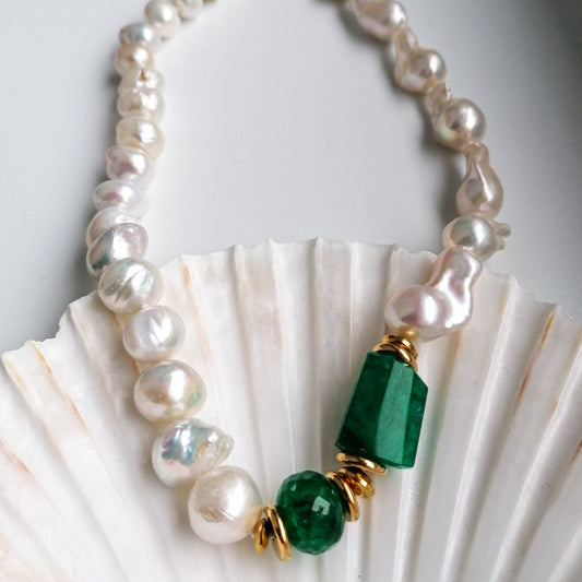 Statement pearl and emerald necklace