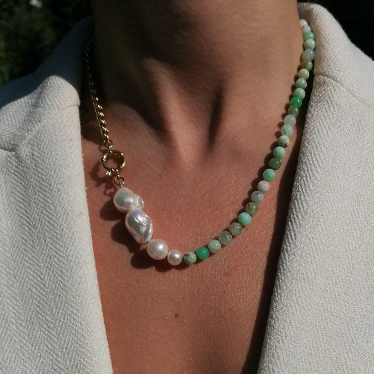 Asymmetric chrysoprase & pearl necklace