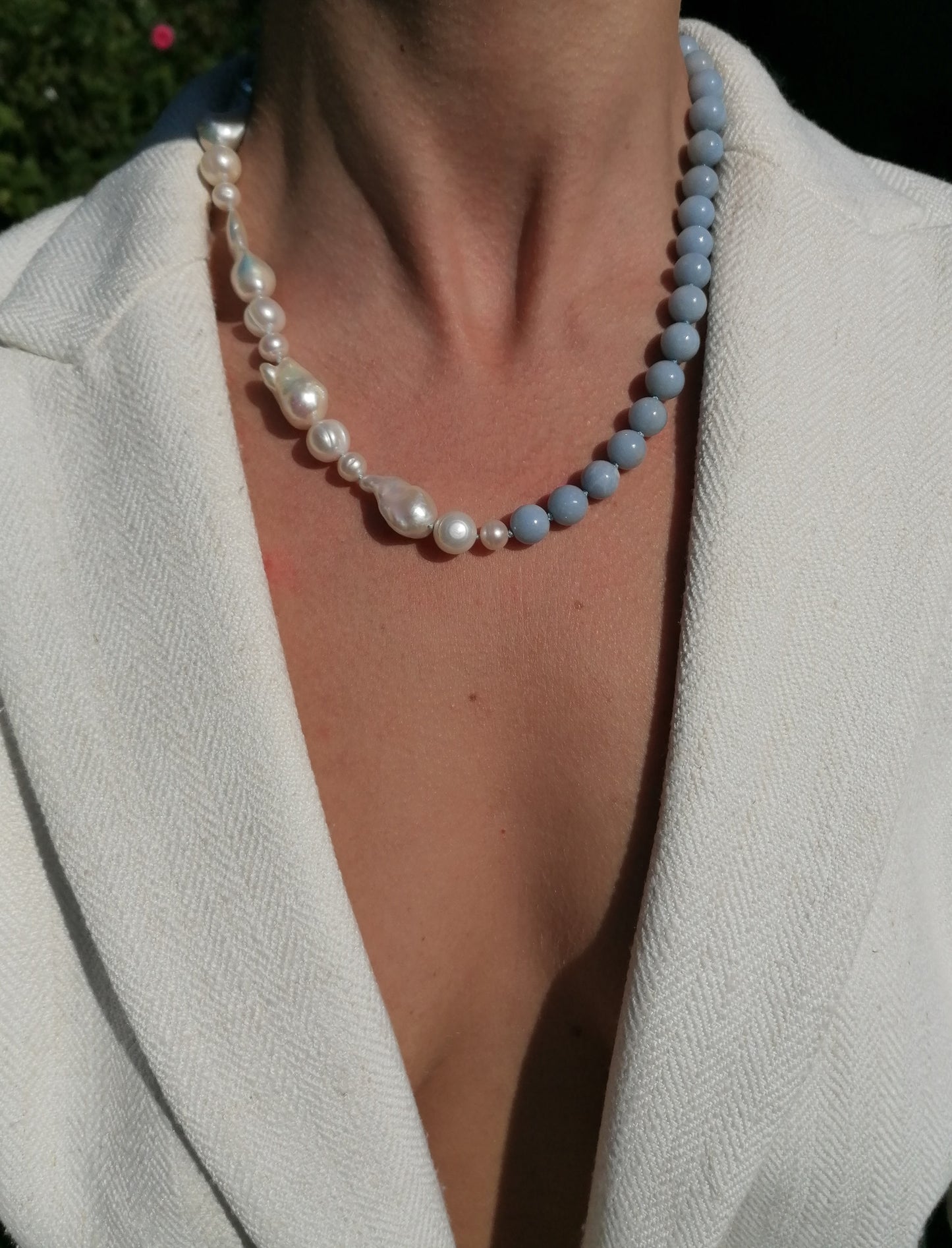 Half pearl & half angelite necklace