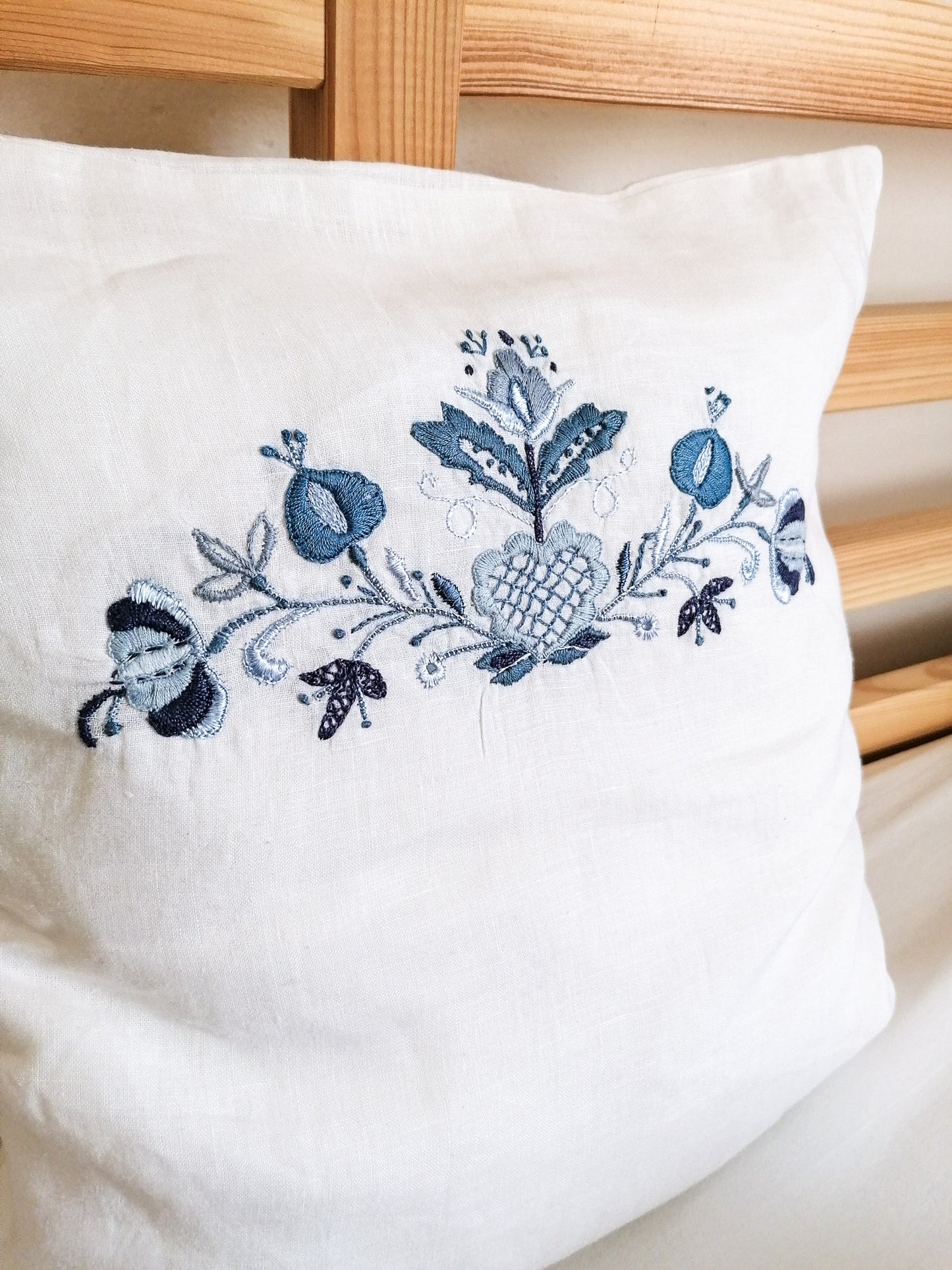 Embroidered blue folk pillowcase
