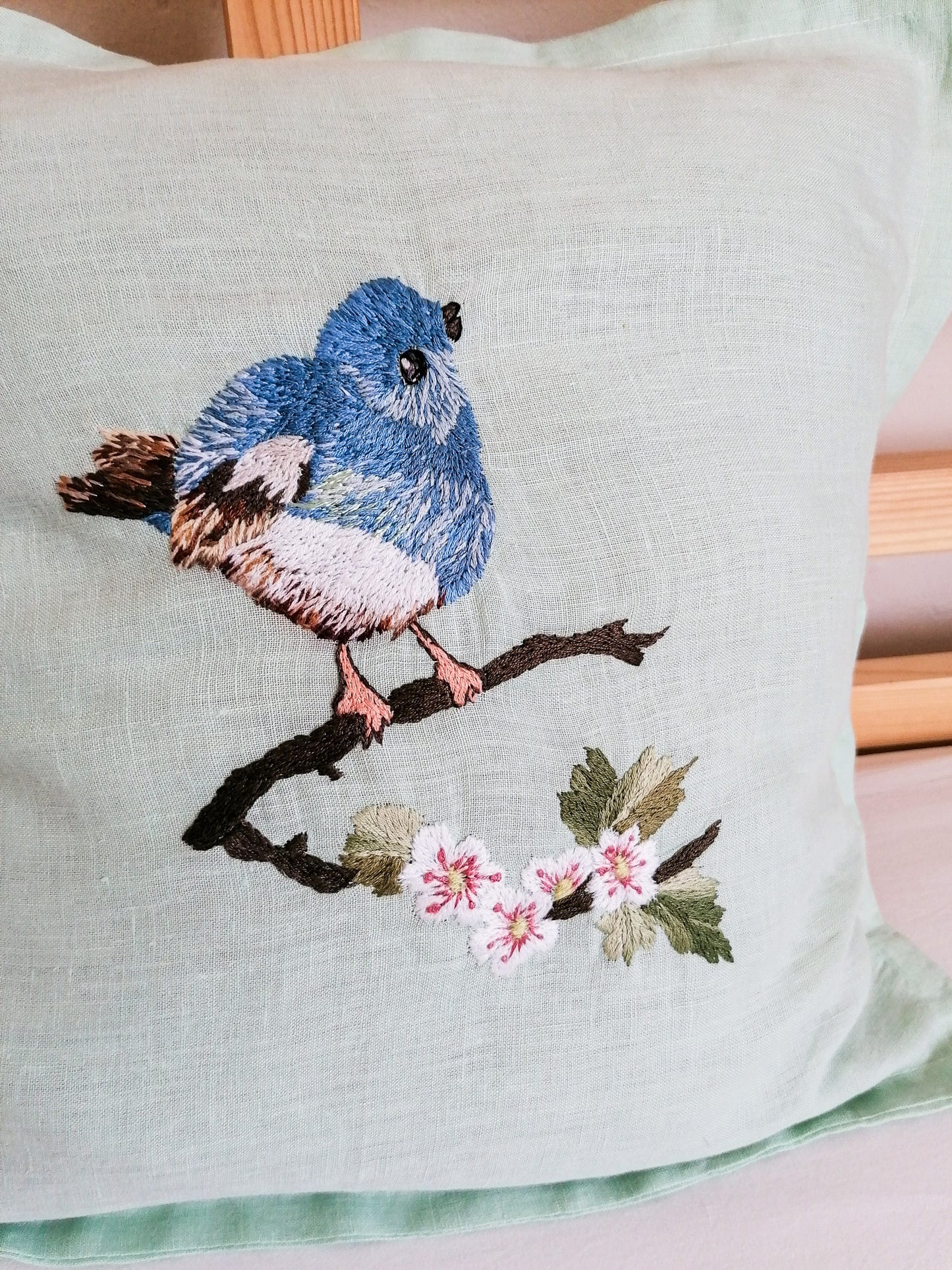 Embroidered blue bird pillowcase